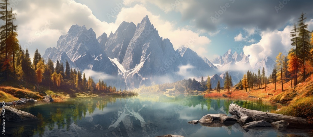 Autumn landscape with lake, mountains, and rocks