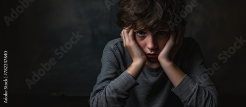 Boy distressed at table, hands on face