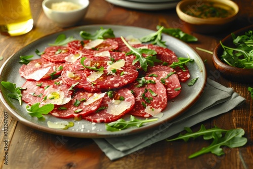 Thinly-sliced beef carpaccio served with rocket leaves, parmesan, and a drizzle of olive oil on a ceramic plate.