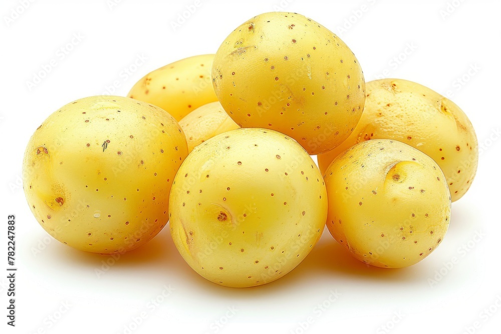 A cluster of clean, fresh baby potatoes isolated on a white background, ready for culinary use. A cluster of clean, fresh baby potatoes isolated on a white background, ready for culinary use.