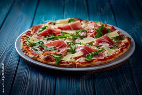 A traditional Italian prosciutto pizza on a blue surface, adorned with arugula and slices of parmesan cheese.
