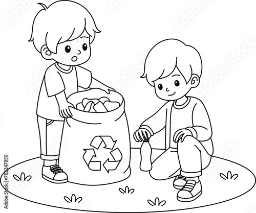 Cute kawaii eco friendly kids collecting waste coloring page. Boy, girl caring of environment, sorting . Earth day coloring page. Concept with children picking up trash