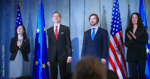 Cuadro en lienzo European Union representative and mature president of the United States together shake hands after press conference