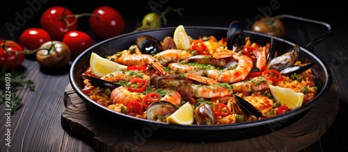 Pan of seafood with shrimp and other types of seafood