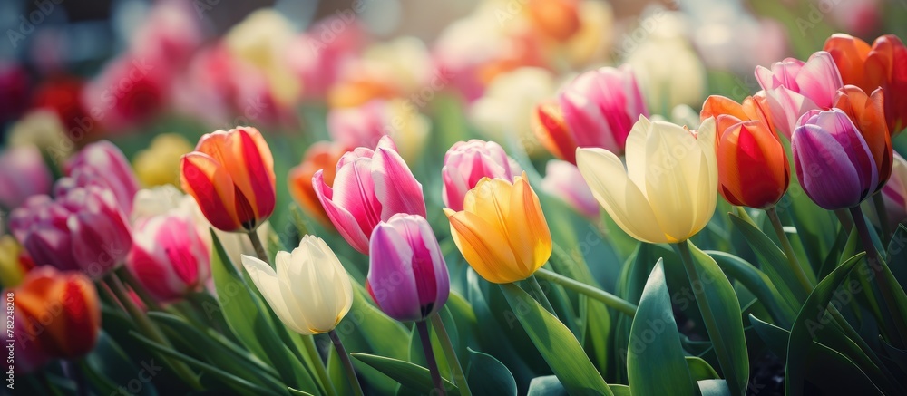Many vibrant tulips bloom in field Many vibrant tulips bloom in field