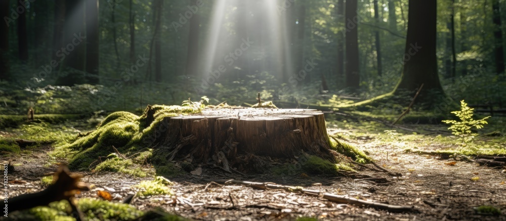 Obraz premium Sunlight filtering through trees onto old forest stump