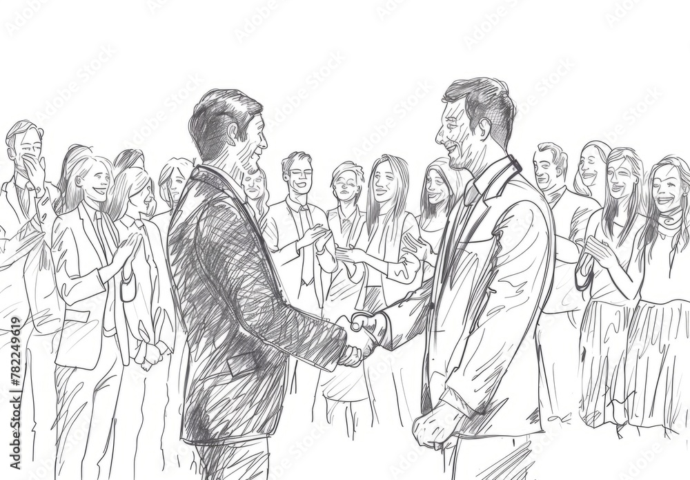 line drawing of business people shaking hands with other audience members clapping in the background, whiteboard style illustration Generative AI line drawing of business people shaking hands with other audience members clapping in the background, whiteboard style illustration Generative AI
