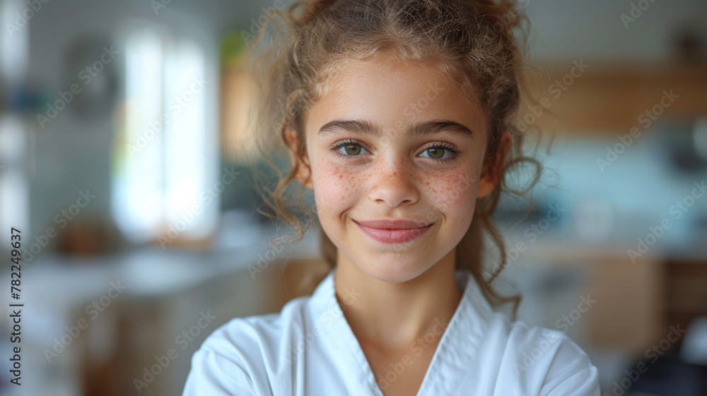 Portrait of happy young smiling girl doctor. Dressed in a white robe. Evenly standing with crossed hands on a gray background Portrait of happy young smiling girl doctor. Dressed in a white robe. Evenly standing with crossed hands on a gray background