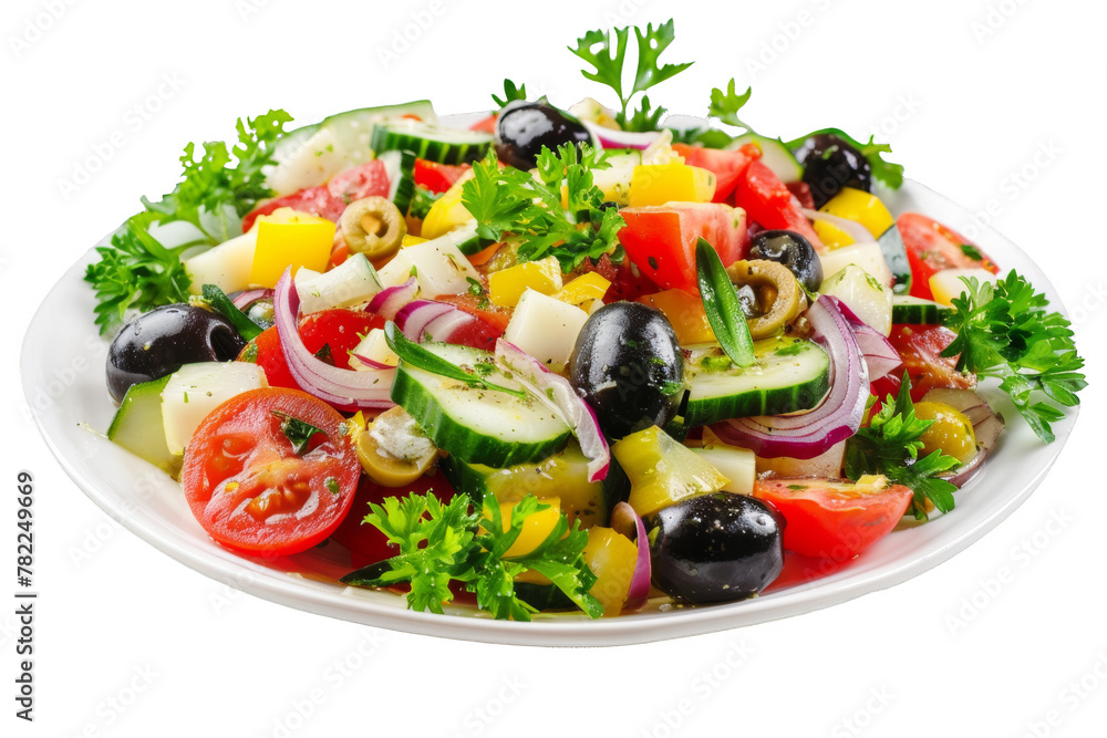 Plate of Salad With Olives, Tomatoes, Cucumbers, and Parsley