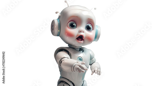 Artificial intelligence is still young. Symbolized by a white robot child with big astonished eyes. Cut-out figure. Concept for the beginnings of AI.
