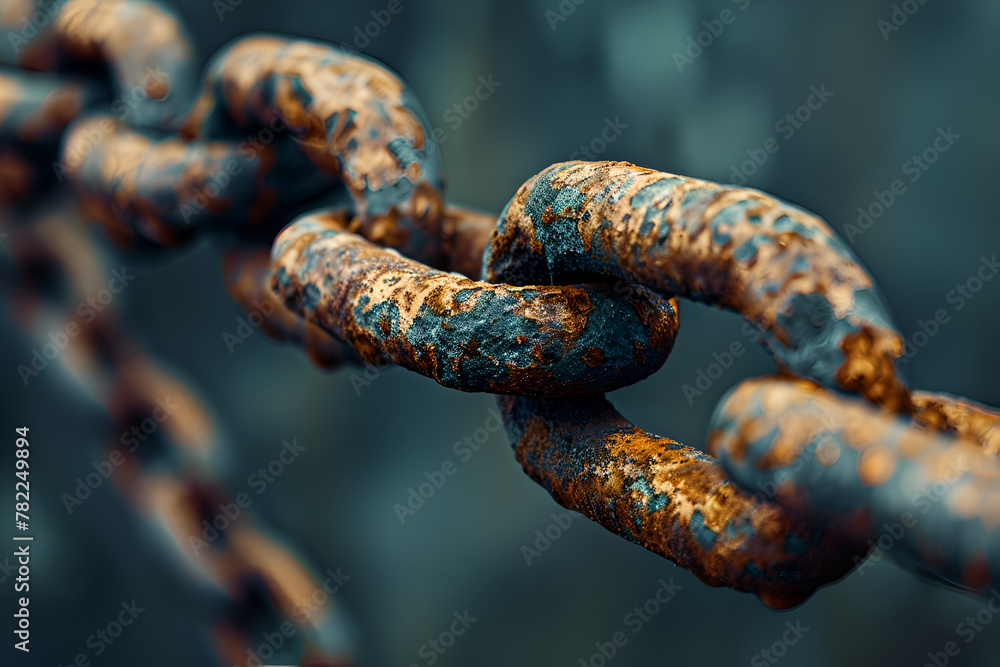 A chain link is shown in a close up. The chain is rusted and has a worn appearance. Concept of decay and abandonment. Generative AI A chain link is shown in a close up. The chain is rusted and has a worn appearance. Concept of decay and abandonment. Generative AI