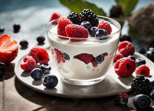 A creamy yogurt topped with a vibrant assortment of fresh berries.