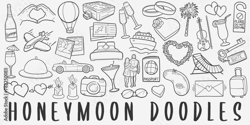 Honeymoon doodle icon set. Just Married Vector illustration collection. Vacations Banner Hand drawn Line art style.