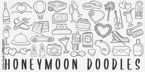 plantHoneymoon doodle icon set. Just Married Vector illustration collection. Vacations Banner Hand drawn Line art style.  illaBannerLong