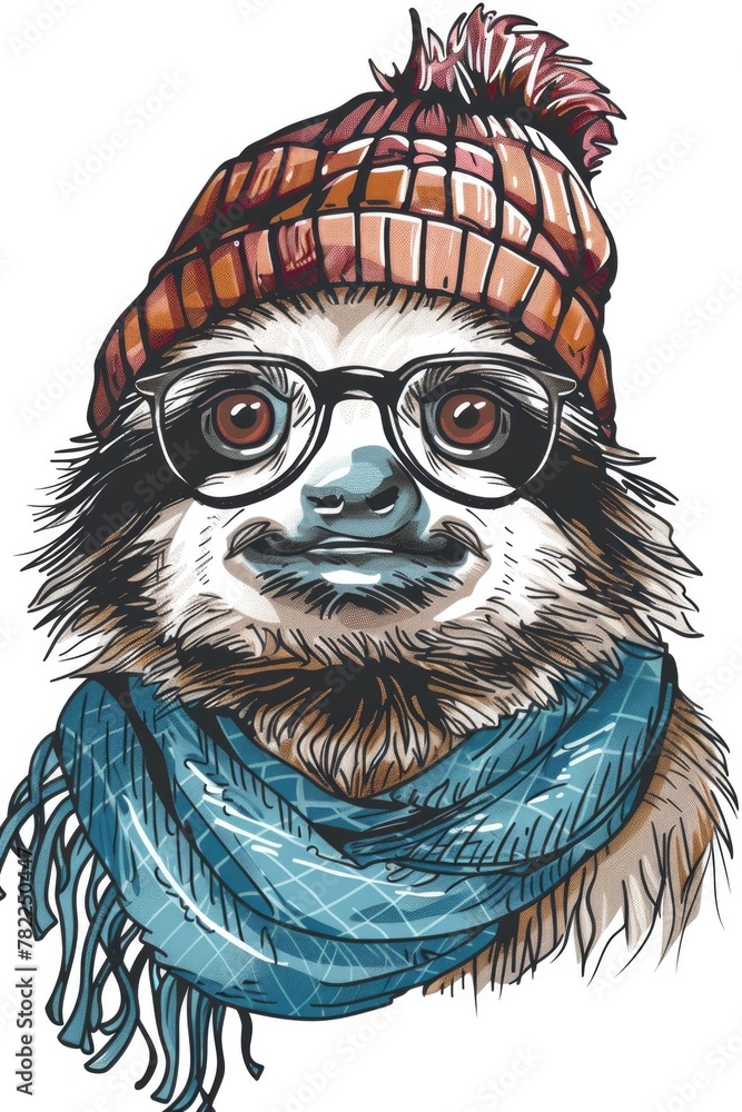 Fototapeta premium This chilled-out sloth is all wrapped up in a cozy beanie and scarf