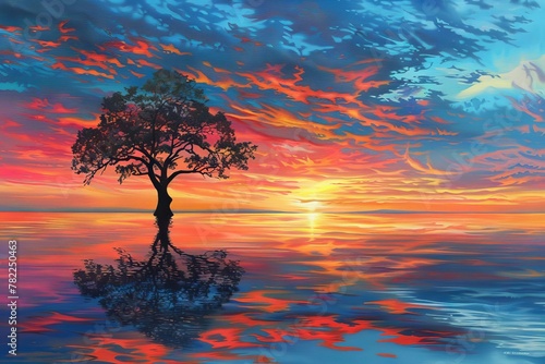 majestic lone tree silhouetted against vibrant sunset sky reflected in calm sea breathtaking seascape oil painting