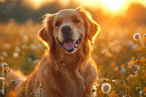 Joyful Golden Retriever Basks in Sunrise Glow. Concept Pets, Golden Retriever, Sunrise Glow, Happiness, Outdoors