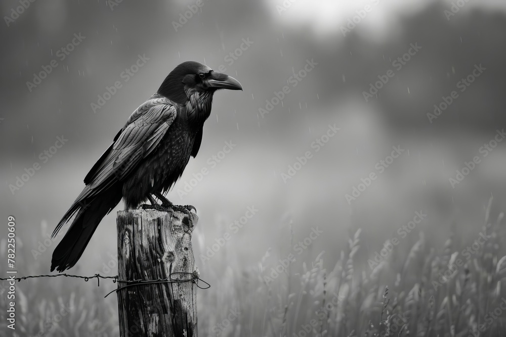 Obraz premium majestic raven perched on weathered fence post surveying territory powerful black and white nature photography