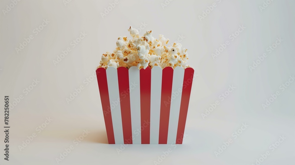 A delicious and fresh bucket of popcorn. Perfect for a movie night or any other occasion. The popcorn is served in a red and white striped bucket.