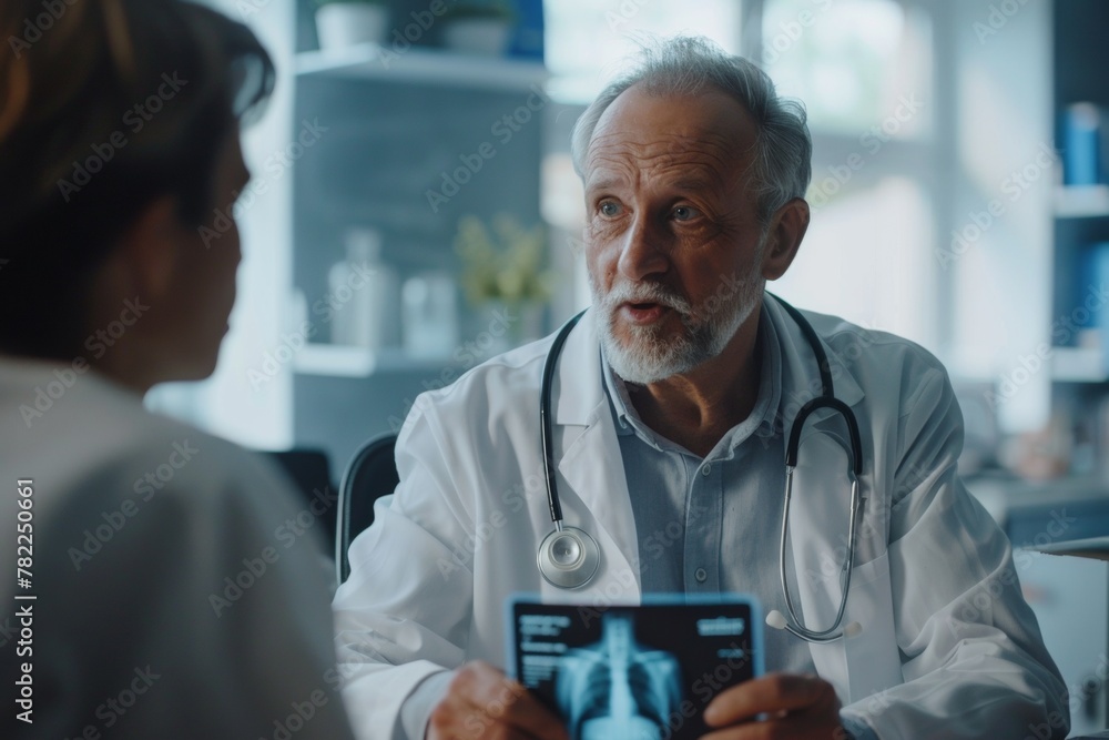 An experienced male doctor reviews digital x-ray results with a patient An experienced male doctor reviews digital x-ray results with a patient