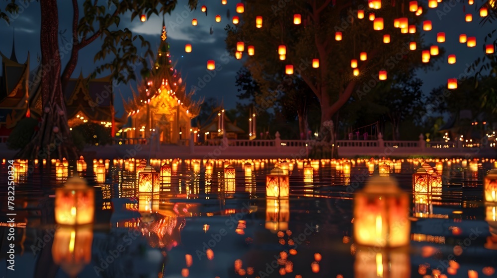 Enchanting Nighttime Songkran with Floating Lanterns Lighting the Water's Path