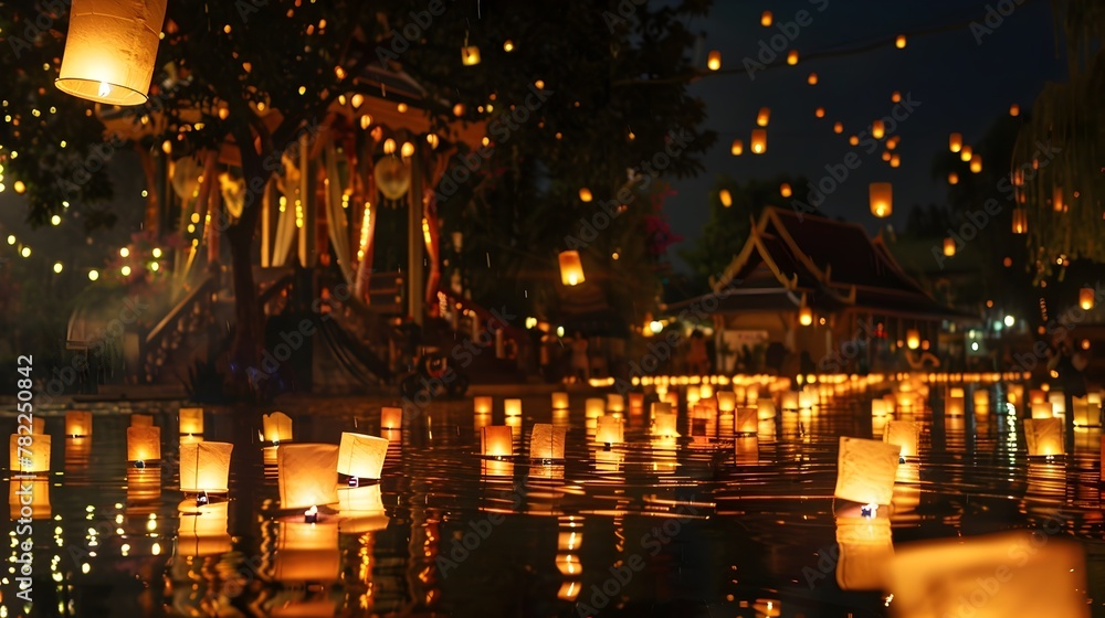 Fototapeta premium Magical Floating Lanterns Lighting Up the Tranquil Nighttime Waterscape of Songkran Festival
