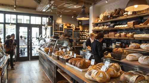 The image shows a bakery with a variety of breads on display. There are also several people in the image, including a baker and a customer.