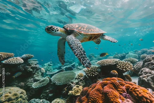 majestic sea turtle gliding through vibrant coral reef underwater wildlife photography © furyon