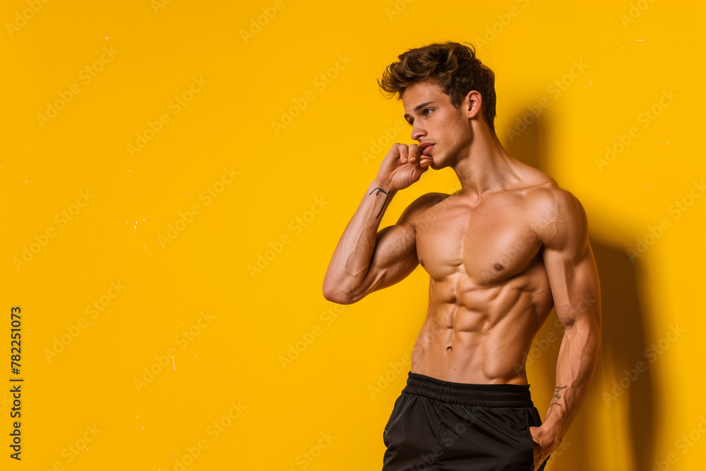 A male model is posing for a photo shoot on a yellow background A male model is posing for a photo shoot on a yellow background