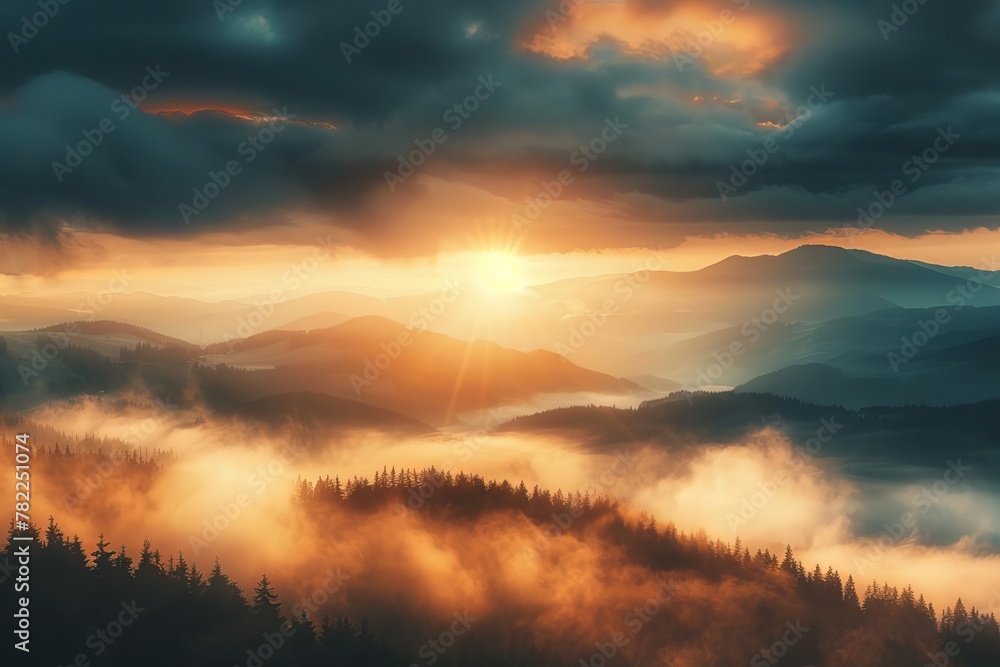 majestic sunrise over misty mountains with warm golden light and dramatic clouds landscape photography