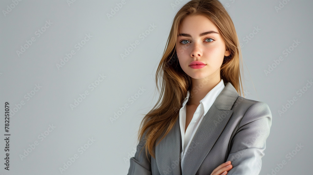 Portrait of a business woman wearing a gray suit against a gray background Portrait of a business woman wearing a gray suit against a gray background