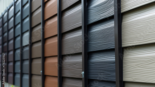 Vinyl siding panels are hung on a hook and feature a smooth surface with wood grain textures and a muted color palette  AI generated