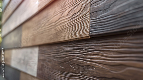 Vinyl siding panels are hung on a hook and feature a smooth surface with wood grain textures and a muted color palette, AI generated