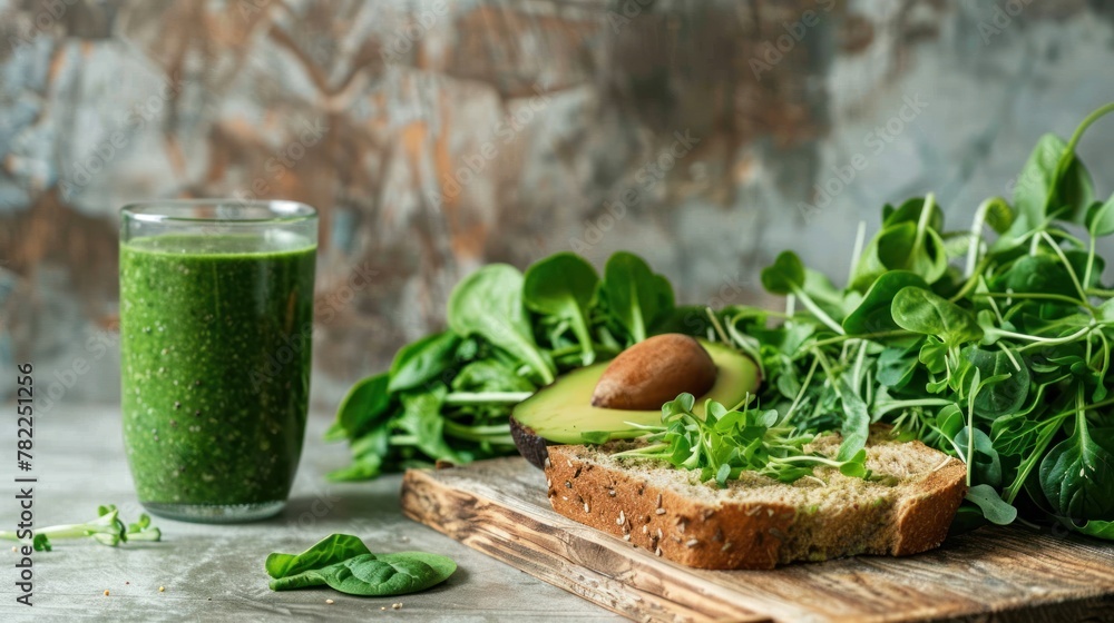 Toast with avocado and microgreens, glass with smoothie, healthy breakfast or snack, vegan nutrition, AI generated Toast with avocado and microgreens, glass with smoothie, healthy breakfast or snack, vegan nutrition, AI generated