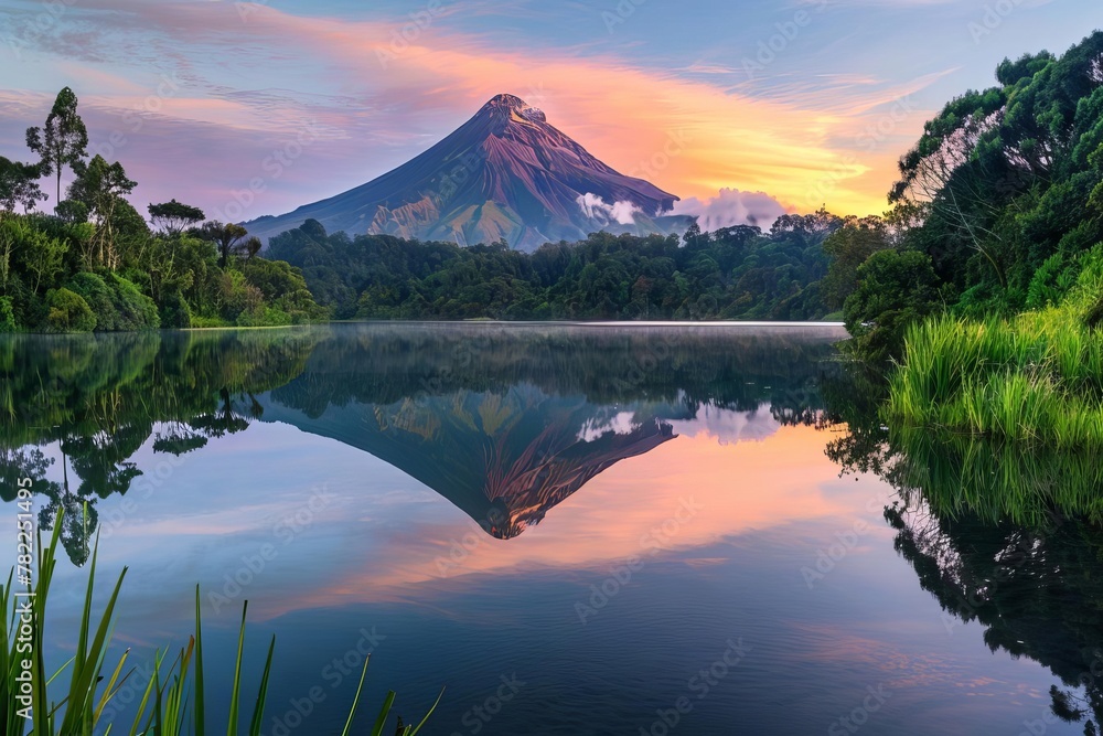 majestic volcanic mountain reflected in tranquil lake at sunrise lush green foliage panoramic landscape photography