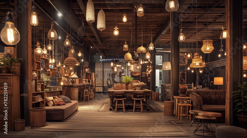 An eclectic backdrop emerges from the interplay of wooden elements and eclectic lighting fixtures, AI generated