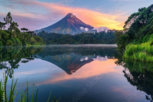 majestic volcanic mountain reflected in tranquil lake at sunrise lush green foliage panoramic landscape photography