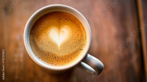 Cappuccino with heart-shaped foam in a white cup on a wooden table. The image is warm and inviting, and the heart-shaped foam adds a touch of romance. photo