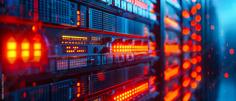 High-Tech Server Room in Action, Blue Connectivity and Data Communication, Networking Hardware Close-Up High-Tech Server Room in Action, Blue Connectivity and Data Communication, Networking Hardware Close-Up