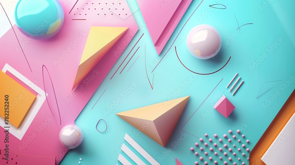 3D rendering of geometric shapes. Pink, blue and yellow colors. Abstract background.