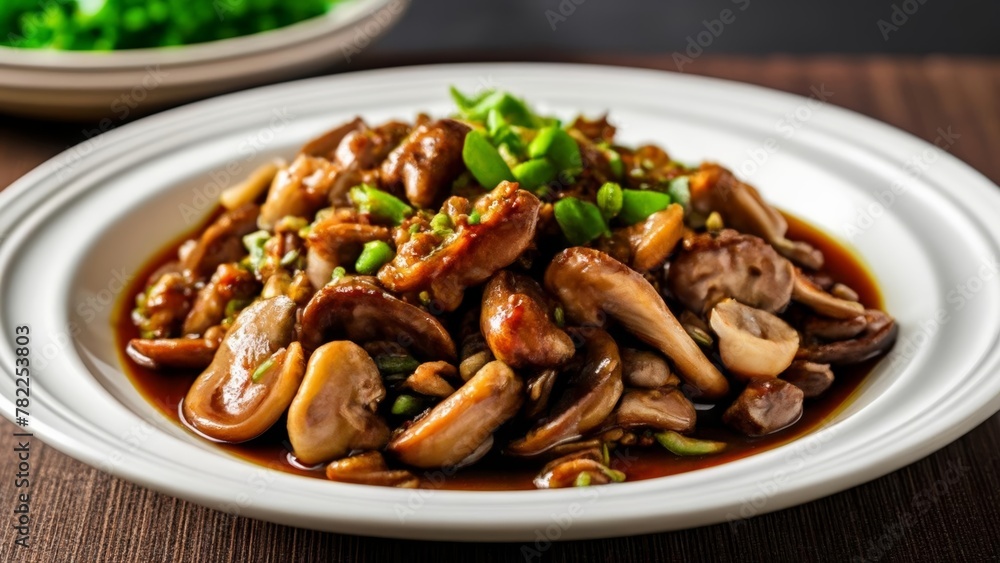 Delicious stirfry dish with mushrooms and vegetables ready to be savored Delicious stirfry dish with mushrooms and vegetables ready to be savored
