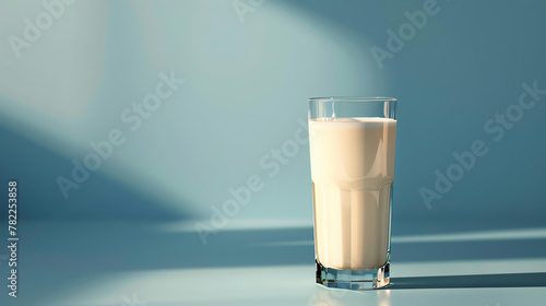 A glass of milk on a blue background. The milk is fresh and creamy, and the glass is clear and transparent. photo