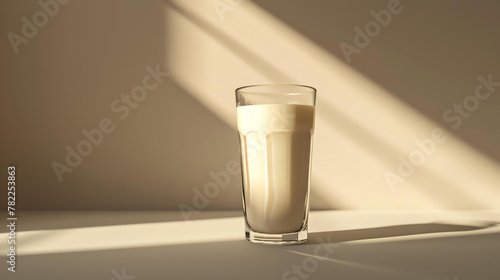 A glass of milk sits on a table. The milk is fresh and creamy. The glass is simple and elegant. The background is a warm, neutral color. photo