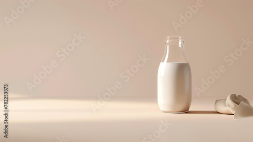 A glass bottle of fresh milk sits on a beige table. The bottle is half-full and the milk is pure white. The table is smooth and has a slight sheen. photo