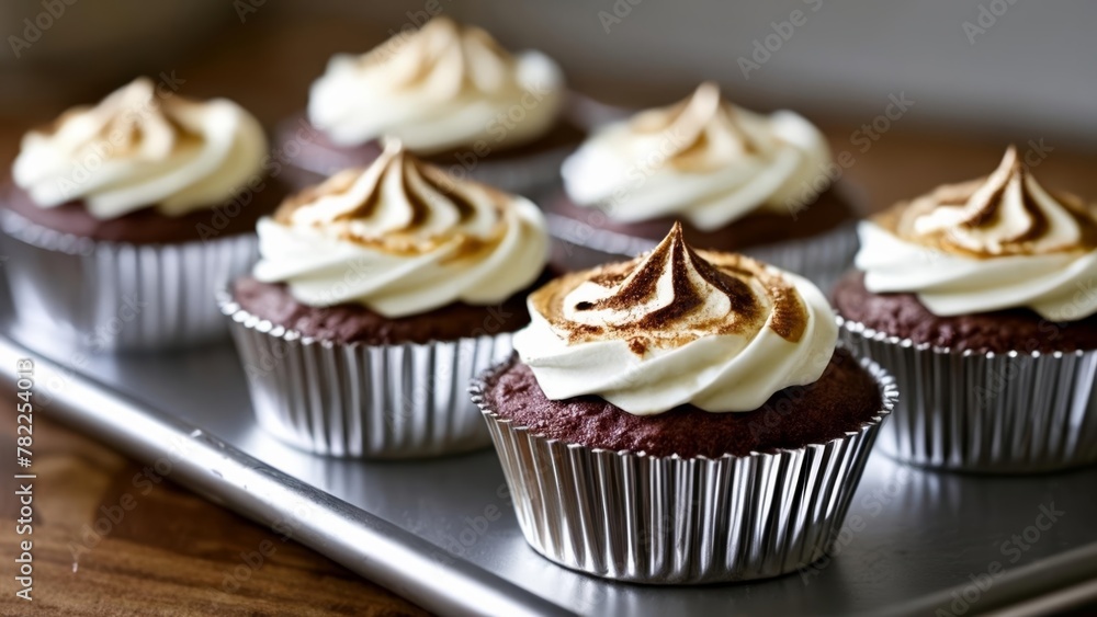 Deliciously indulgent chocolate cupcakes with swirls of cream and chocolate shavings Deliciously indulgent chocolate cupcakes with swirls of cream and chocolate shavings