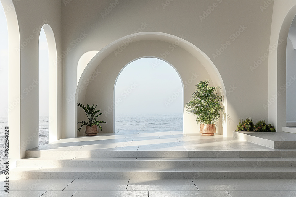 Fototapeta premium Clean white background with a minimalist design, featuring an open area in the center for customization. A building with arches and steps overlooking the ocean
