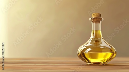 A beautiful shot of a clear glass bottle of olive oil sitting on a wooden table.
