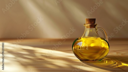 Warm golden olive oil in a glass bottle on a wooden table. The oil is illuminated by a soft light, creating a sense of warmth and tranquility. photo
