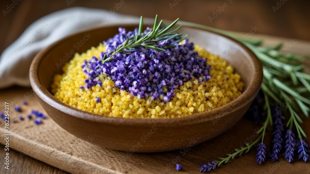 Aromatic herbs and lavender in a rustic bowl Aromatic herbs and lavender in a rustic bowl