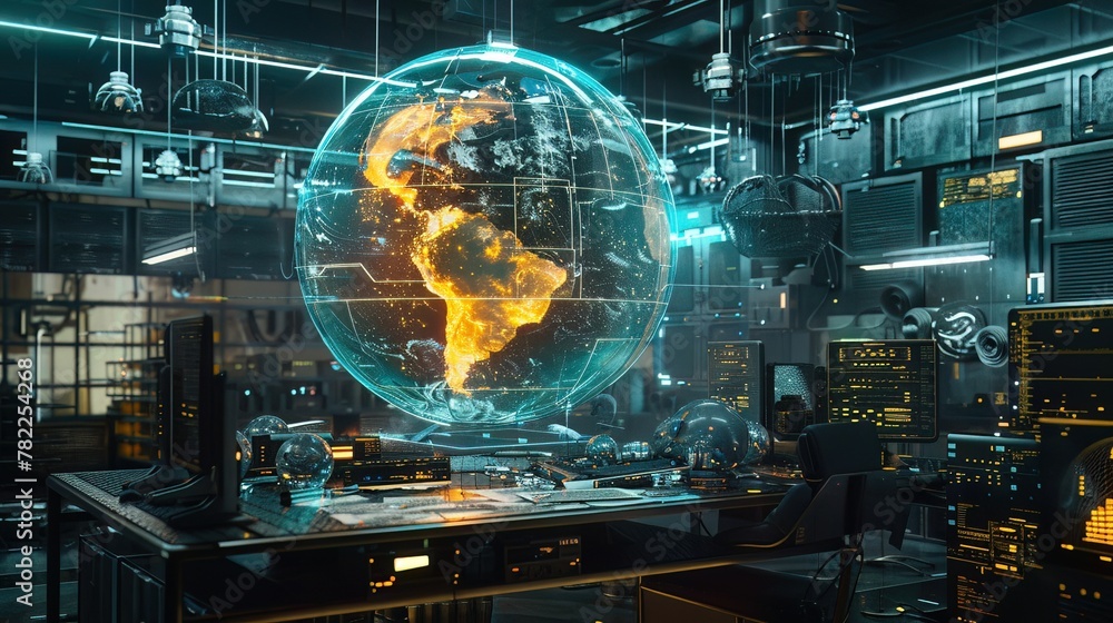 A holographic Earth in a scifi lab, with dynamic fire lines wrapping the globe, casting an eerie glow on the surrounding technology